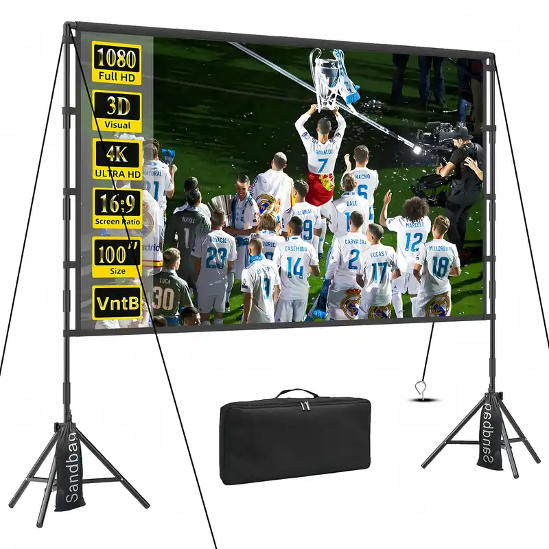 VntB 100 inch Projector sreen and Stand, Outdoor Indoor Projector Screen16 9 Foldable Portable Projector Screens for Movie Night Support Double Sided Projection