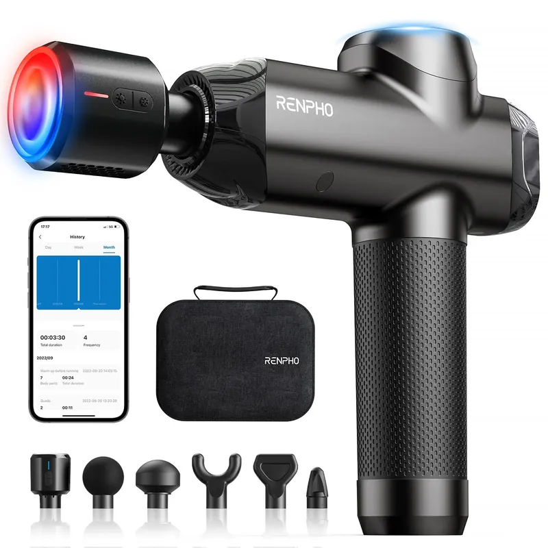 RENPHO Power+ Thermacool Massage Gun with Heat and Cold, 12mm Amplitude Deep Tissue Percussion Massager for Professional Athletes, App Controlled Guided Courses, 6 Speeds, 6 Attachments, Carry Case