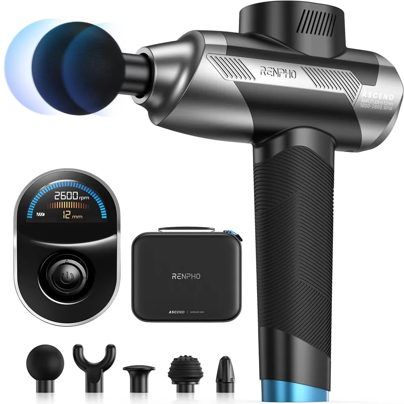 RENPHO Ascend Professional Massage Gun, Adjustable 6-12mm Amplitude for Customized Intensity, Deep Tissue Percussion Massager with 5 Speeds, 5 Attachments, Travel Case, FSA Eligible HSA