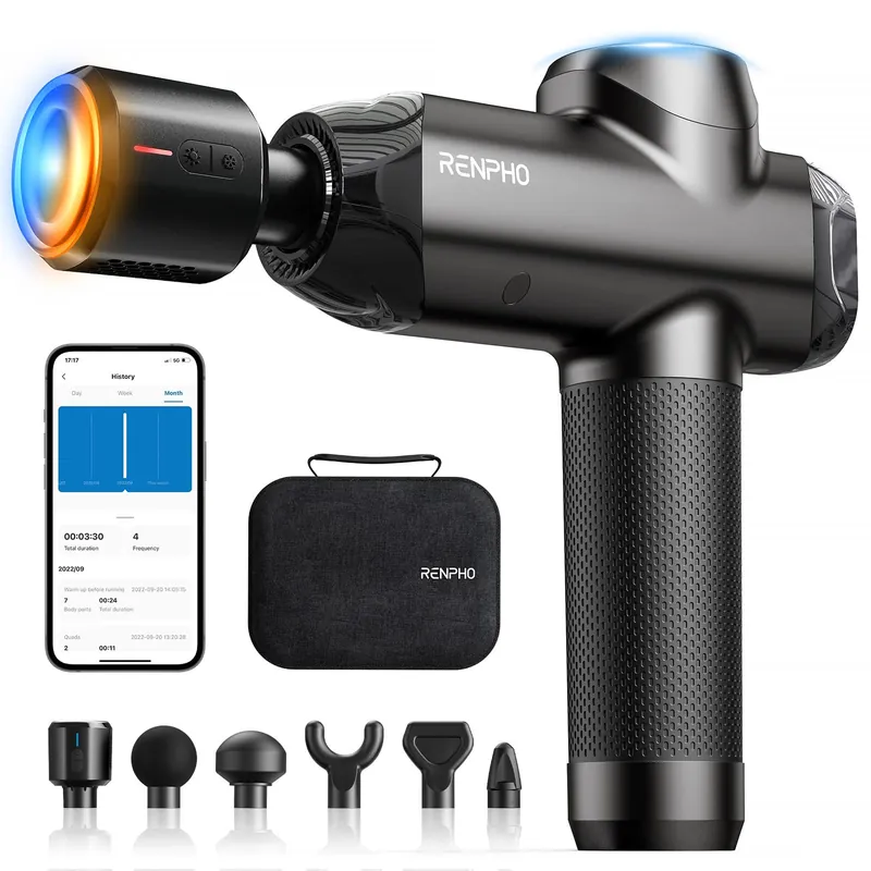 RENPHO Power+ Thermacool Massage Gun with Heat and Cold, 12mm Amplitude Deep Tissue Percussion Massager for Professional Athletes, App Controlled Guided Courses, 6 Speeds, 6 Attachments, Carry Case