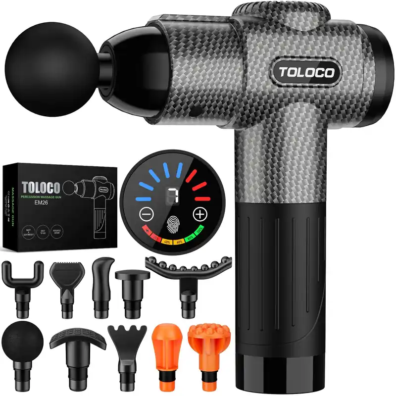 TOLOCO Massage Gun, Deep Tissue Back Massage for Athletes for Pain Relief, Percussion Massager with 10 Massages Heads & Silent Brushless Motor, Valentines Day Gifts for Him Her, Carbon