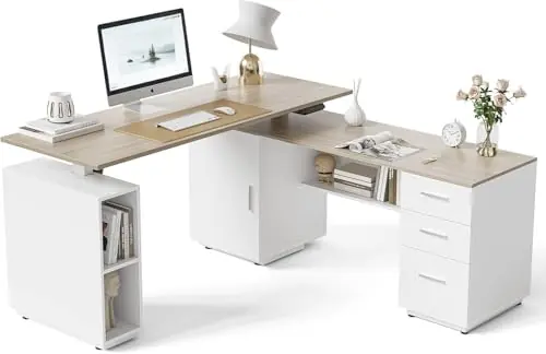 Standing Desk with Storage, l Shaped Executive Desk Adjustable Height, Light Wood Grainy