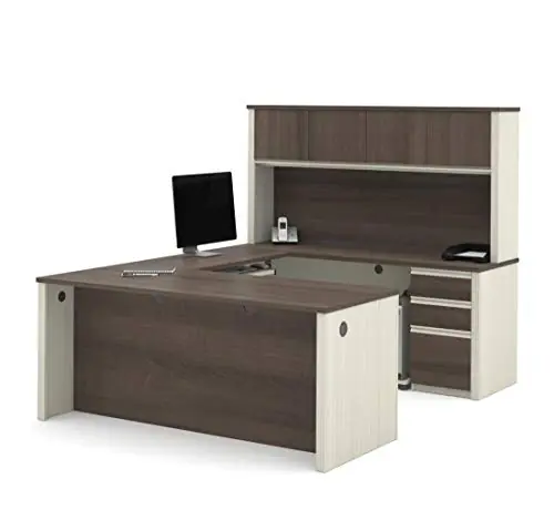 Bestar Prestige + 72W U-Shaped Executive Desk with 2 Pedestals and Hutch in White Chocolate & Antigua