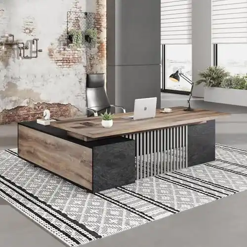 SAINTCY L-Shaped Executive Desk, Industrial Office Desk with Drawer & Cabinet, Large Wood Desktop