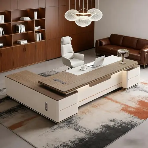 Modern Executive Office Desk with Drawers and Storage, Office Furniture Set for Home or Farmhouse Workspaces