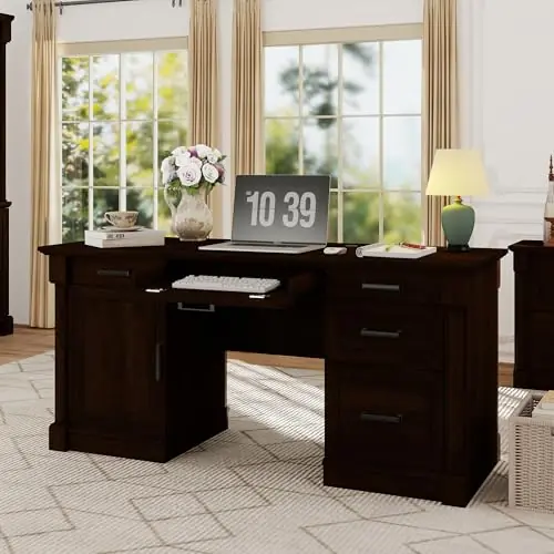 blini Large Farmhouse Executive Desk with Drawers,Wood Computer Desk