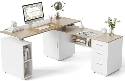 Cubiker 63" L Shaped Standing Desk with Storage, Executive Height Adjustable Table with Drawers