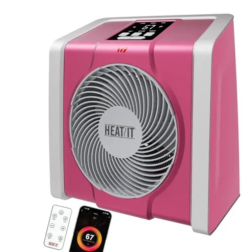 HEATIT Space Heater with Remote for Indoor, Digital Display with Thermostat,Containing Plasma & Ozone, 1-12H Timer, 1500W/750W,Electric Space Heater for Office, Bedroom,Pink,10.6"Dx7.0"W x 11.8"H