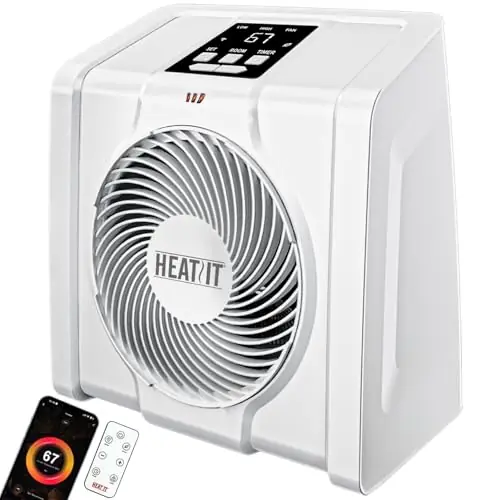 HEATIT Space Heater with Remote for Indoor, Digital Display with Thermostat,Containing Plasma & Ozone,1-12H Timer, 1500W/750W, Electric Space Heater for Office, Bedroom,White,10.6"Dx7.0"W x 11.8"H
