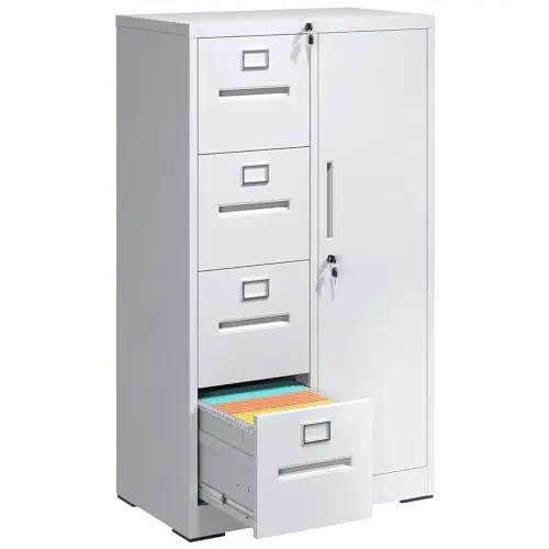 4 Drawer File Cabinet with Shelves and Hanging Rod, Metal Filing Cabinet with Lock for Home Office