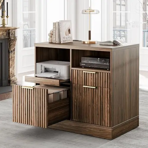 3 Drawer File Cabinet, Fluted Wood Lateral Filing Cabinet with Charging Station for Home Office