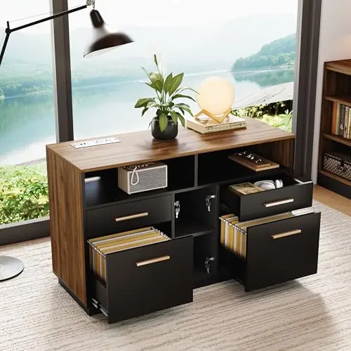 4 Drawer File Cabinet, Wood Filing Cabinet for Home Office with Lock, Power Strip, Storage Shelves
