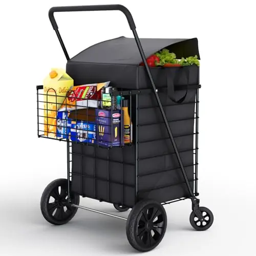 Shopping Cart w/Waterproof Basket Liner & Large 360° Swivel Wheels Foldable Collapsible & Lightweight