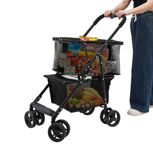 110lbs Heavy Duty Grocery Cart Portable Multi Use Grocery Carts Aluminum Removable Tote Bag Cart with 360° Swivel Wheels