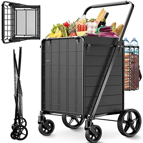 Folding Shopping Cart for Groceries,360 lbs Capacity Grocery Cart with Waterproof Liner and 360° Swiveling Wheels