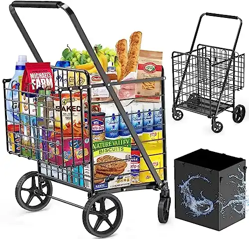 455lbs Shopping Cart for Groceries, Large Heavy Duty Grocery Cart on Wheels, Folding Dual Basket Utility Carts with Waterproof Liner