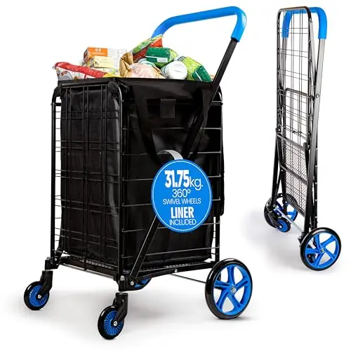SereneLife Small Compact Folding Shopping Cart with Removable Waterproof Liner – 360° Swivel Wheels