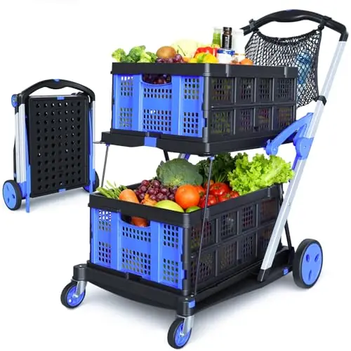 Collapsible Shopping Cart with Wheels, 2 Storage Crates & 1 Storage Bag, 200 lbs Capacity Multi Use Functional Grocery Cart