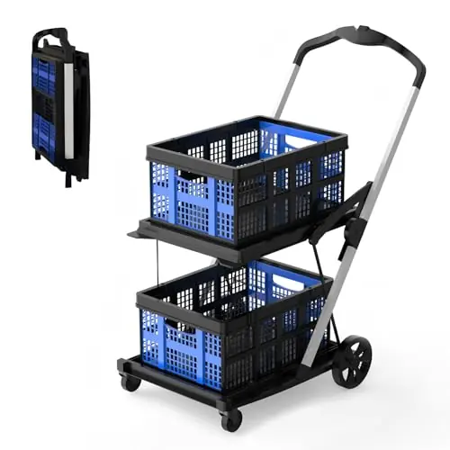 2 Tier Multi Use Foldable Shopping Cart with 2 Storage Crates,Folding Shopping Trolley Utility Cart for Office,Groceries, Warehouse,Supermarket