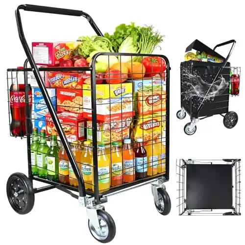 Folding Shopping Cart with Removable Waterproof Liner, 450LBS Capacity Grocery Cart with 39.5 Gal Dual Basket & 360° Swivel Wheels