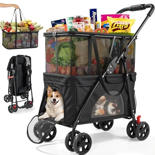 Upgraded Folding Shopping Cart & Pet Stroller 99 LB, 2-in-1 Personal Portable Shopping Cart