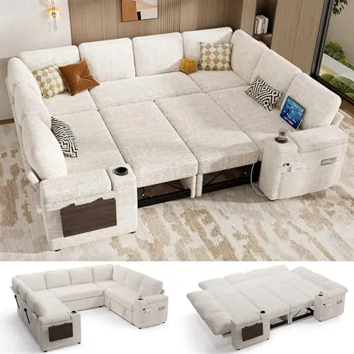 Vipbear 111" Modular Sectional Sleeper Sofa with Pull Out Bed, 8 Seat Chenille U Shaped Couch with USB Ports Cup Holders Side Table