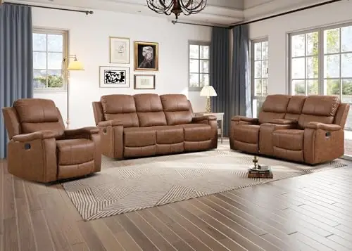 Faux Leather Manual Reclining Sofa Furniture Set, Manual Recliner Chair