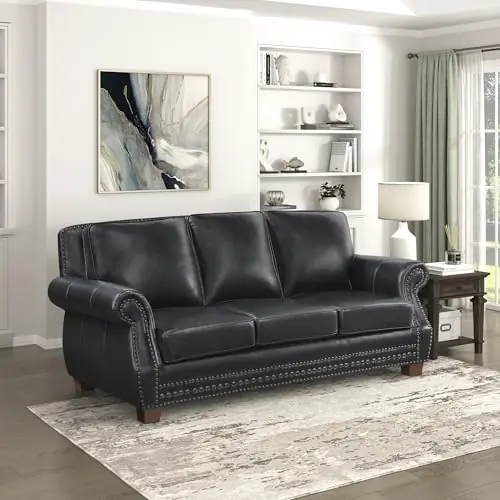Lexicon 86" W Sofa, Top Grain Leather Match Comfy Sofa with Nailhead Trim, Rolled Arms