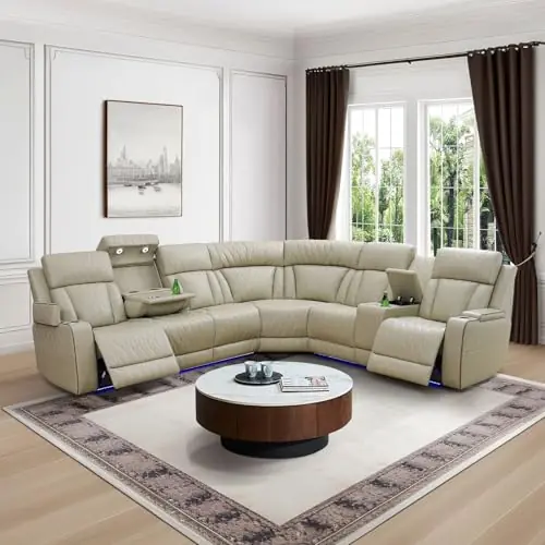 Recliner Sofa Sectional Sofa with LED Light for Living Room, Air Leather Reclining Corner Sectional Sofa Set, Cup Holder