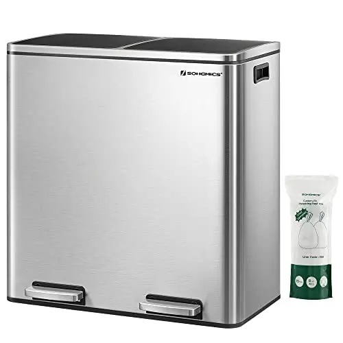 Trash Can, 2 x 8 Gallon (2 x 30 L) Garbage Can for Kitchen, with 15 Trash Bags, 2 Compartments