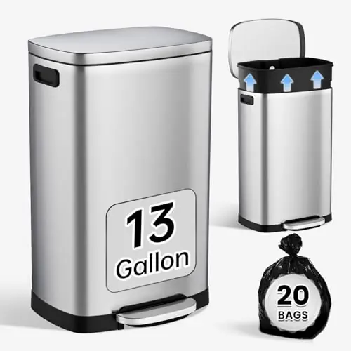 Kitchen Trash Can with Lid Soft Close,13 Gallon / 50L Stainless Steel Pedal Garbage Can, Heavy-Duty Fingerprint Proof Step Wastebasket with 20 Bags,