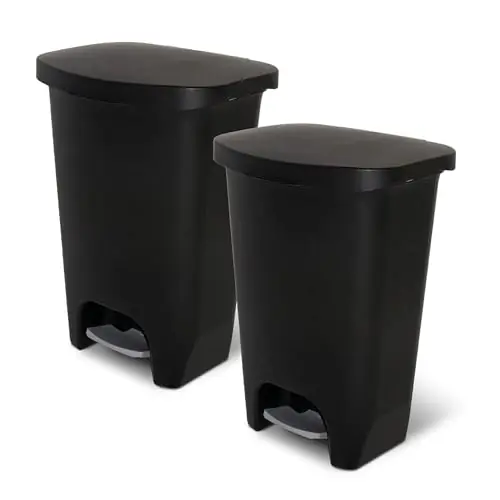 2 Pack Plastic Kitchen Waste Bin with Odor Protection of Lid Hands Free with Step On Foot Pedal and Garbage Bag Rings