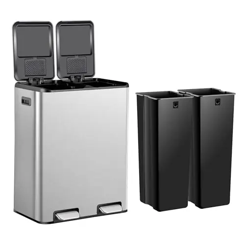 Kitchen Trash Can 16 Gallon 60L Dual Stainless Steel Garbage and Recycling Can with Foot Pedal for Kitchen