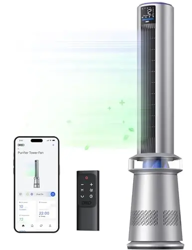 Dreo MC710S Air Purifier Tower Fan, 45" 2-in-1 Smart Fan for Bedroom, 27ft/s Velocity, 120°Oscillation, 24H Timer Bladeless Fans for Home, 25dB Low Noise, Standing Fan Works with Alexa, Silver Blue