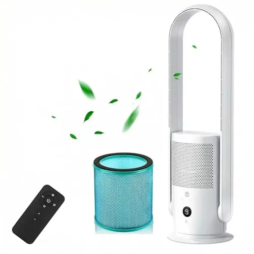 U ULTTY Bladeless Fan with Air Purifier, Quiet Tower Fan with Remote, Touch, 9 Speeds, 8H Timer, HEPA Filter 99.97%, 90° Oscillation Fans, Floor Fans Powerful for Home Office Room, CR022D White