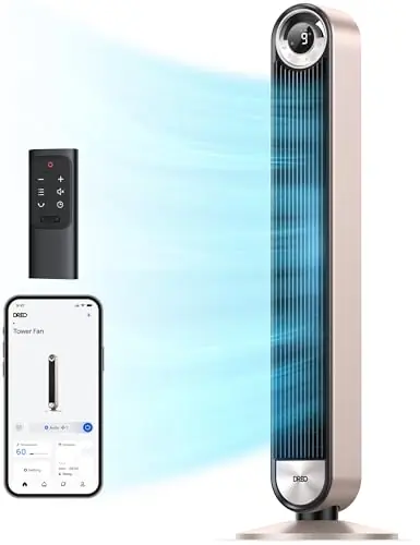DREO Tower Fan for Bedroom, 90ยฐ Oscillating Standing Fan with 28ft/s Velocity, 20dB Quiet for Sleep, DC Motor, 9 Speeds, 4 Modes, 12H Timer, Voice & APP & Remote Control, 42" Cruiser Pro T2 S