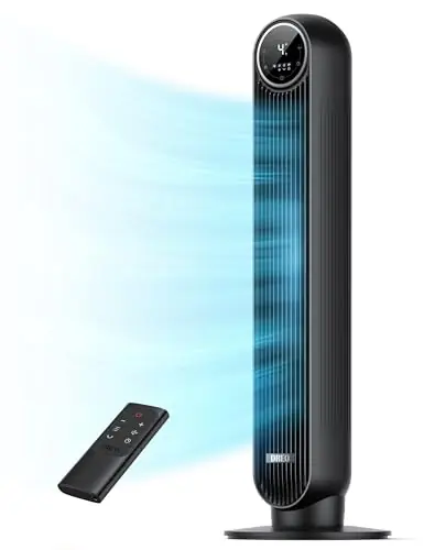 DREO Tower Fan for Bedroom, 2026 Upgraded DC Motor, 28ft/s High Velocity, 20dB Ultra Quiet Standing Fan, 8 Speeds 4 Modes, 90ยฐ Oscillating Bladeless Fan for Indoors, Floor Fans with Remote, Black