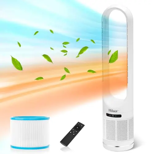 Hiluce 3-in-1 Bladeless Fan with Air Purifier,Indoor Heater,Fan and Heater Combo HEPA Filter,Tip-Over Switch,26ft/s Quiet Tower Fans,80°Oscillating, 8 Speeds, 9H Timer, 32 inch Large