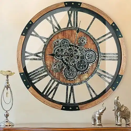 TOPPTIK 36 Inch Moving Gear Wall Clock, Oversized Wall Clocks, Clock Living Room Decor, Solid Wood Frame, Battery Operated, Large Wall Clock with Steampunk Industrial for Fireplace(Brown)