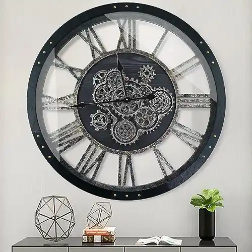 TOPPTIK 27 Inch Moving Gear Wall Clock, Oversized Wall Clocks, Clock Living Room Decor, Solid Wood Frame, Battery Operated, Large Wall Clock with Steampunk Industrial for Fireplace(Black)