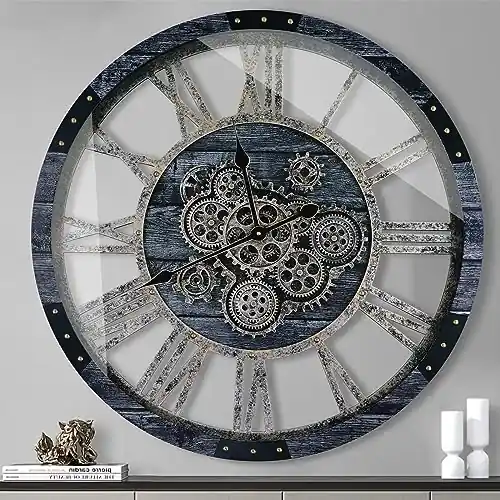 TOPPTIK 27 Inch Moving Gear Wall Clock, Oversized Wall Clocks, Clock Living Room Decor, Solid Wood Frame, Battery Operated, Large Wall Clock with Steampunk Industrial for Fireplace(Gray)