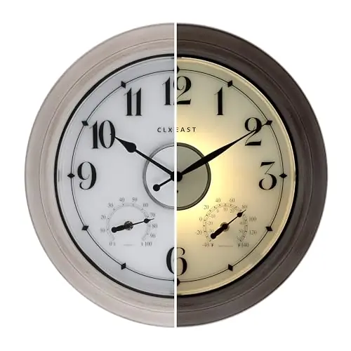 CLXEAST 18 Inch Illuminated Outdoor Clock with AI Smart Sensor, Large Farmhouse Wall Clock with Temperature & Humidity,Weathered White Finish,Unique House Warming Gifts
