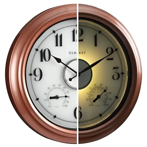 CLXEAST 18 Inch Illuminated Outdoor Indoor Clocks with Smart Sensor,Modern Farmhouse Lighted Wall Clock with Temperature and Humidity for Patio, Garden Decor,Copper/Rose Gold Finish