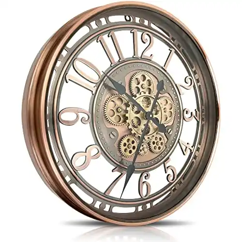 DORBOKER Real Moving Gears Wall Clock Large Modern Clocks for Living Room Decor, Industrial Steampunk Unique Vintage Rustic Decorative Clock for Home Farmhouse Office, 28 Inch,Red Copper Arabic