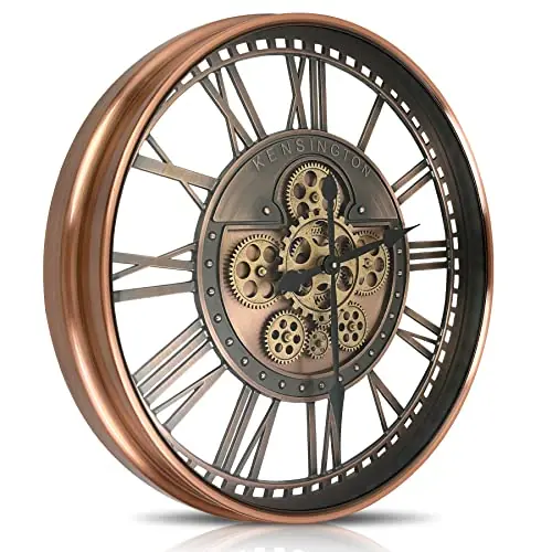 Real Moving Gears Wall Clock Large Modern Metal Clocks for Living Room Decor, Industrial Steampunk Unique Vintage Rustic Decorative Clock for Home Farmhouse Office, 27.6 Inch,Red Copper Roman