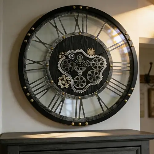 AMAATE Steampunk Wall Clock with Moving Gears, Kinetic Mechanical Industrial Design, Retro Distressed Iron Finish, Dynamic Art for Living Room and Bar Decor, 24 Inch