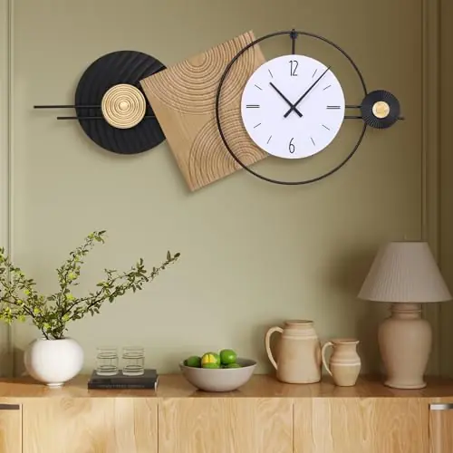 Anmotpe 37.7X21Inch Large Modern Wall Clock Geometric Dial-Solid Wood Metal Frame Silent Non Ticking Wall Clocks for Living Room, Bedroom Decoration, Contemporary Home Wall Decor Gift Idea