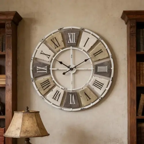 AMAATE Distressed Metal Wall Clock 16 Inch, Industrial Vintage Roman Numerals, Weathered Iron Frame Farmhouse Office Cafe Decor