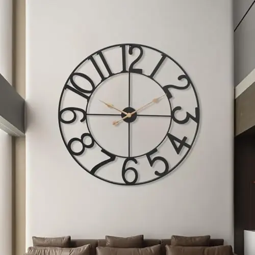 AMAATE Modern Industrial Wall Clock with Cutout Metal Numerals, Grey and Gold Vintage Luxury Design for Living Room and Office Decor, 24 Inch