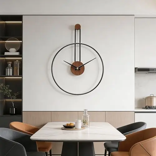 AMAATE Modern Minimalist Wall Clock, Black Metal Ring and Wooden Face, Natural Style Silent Non-Ticking for Living Room, Bedroom, Office Decor, 17.7"x24.4"